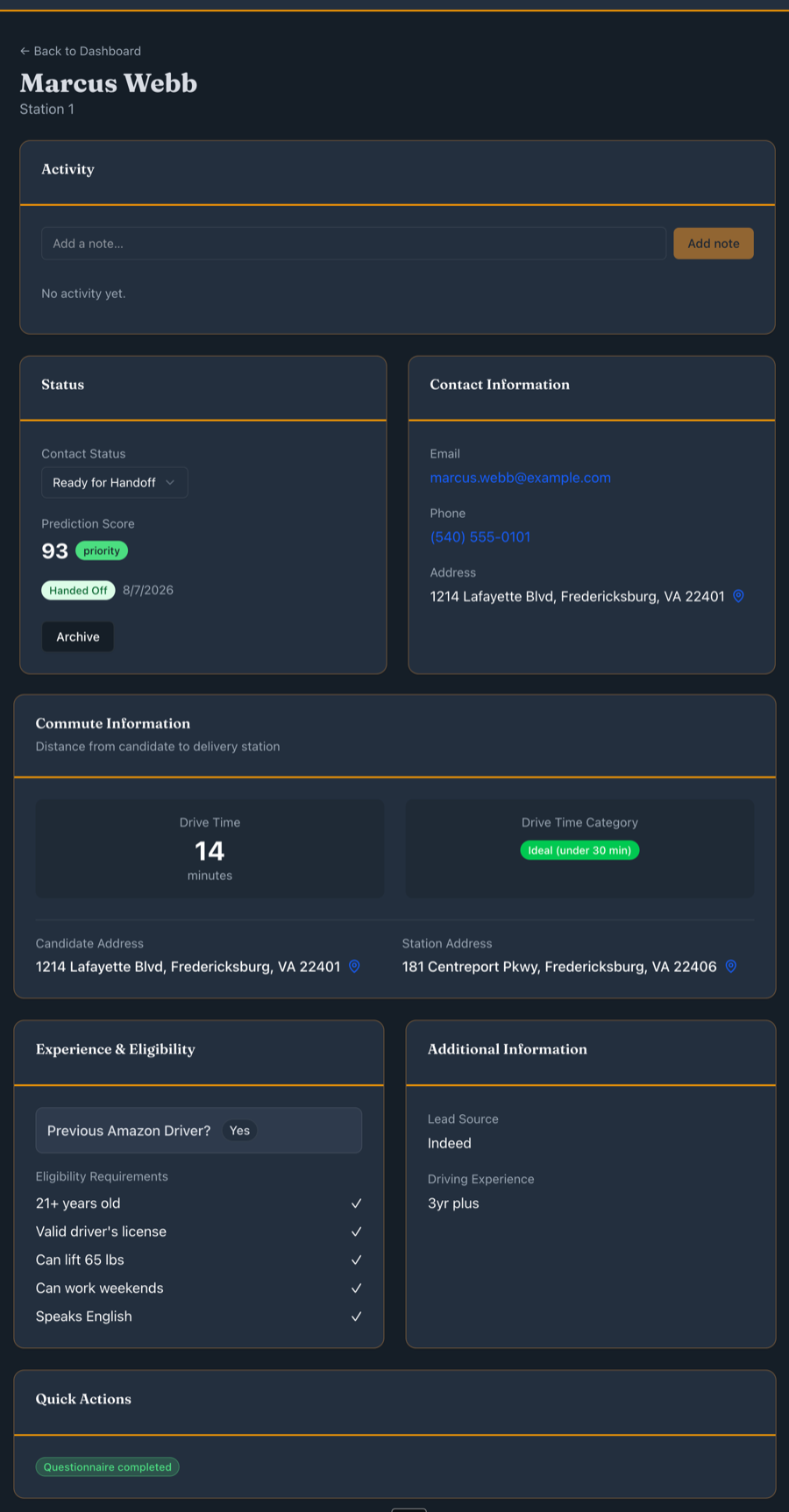 DSPHire candidate detail page showing commute calculation, eligibility checklist, and contact history